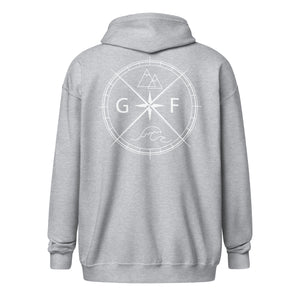 GF Compass- white text zip hoodie